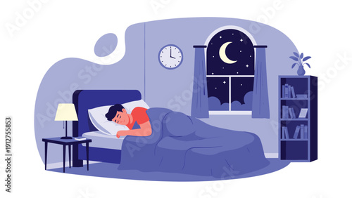 Peaceful illustration of a man sleeping soundly in his bed inside a bedroom at night with a full moon visible through the window.
