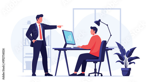 Strict manager in a suit pointing his finger and reprimanding an employee working at a computer desk in a modern office environment.