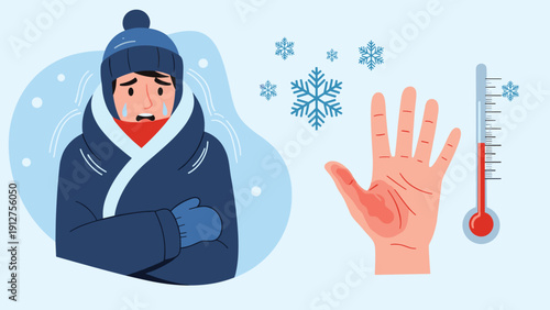Man dressed in warm winter clothes shivering from cold next to an illustration of a hand showing signs of frostbite and low temperature.