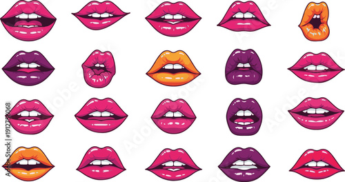 Vibrant Pop Art Lips Vector Set. Collection of 20 different mouth expressions in comic book style, including glossy pink, purple, and orange lipstick for fashion, beauty, and makeup designs.