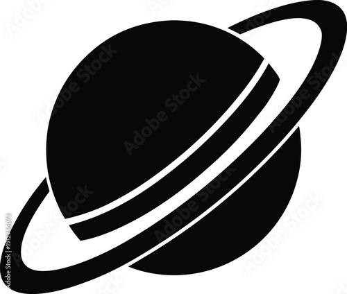 Ringed Planet Icon in Black and White – Saturn Silhouette Vector Illustration