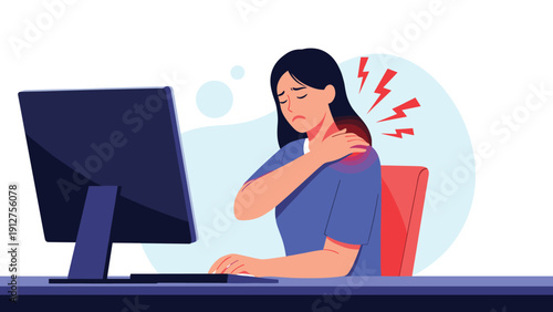 Young female professional suffering from severe neck and shoulder pain while working at her computer desk in an office setting.