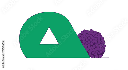 Abstract Geometric Pressure Illustration: Green shape with negative space triangle pushing dense purple spheres cluster