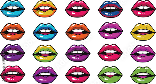 Bold Pop Art Vector Lips Collection: Set of 20 High-Contrast Glossy Open Mouths in Bright Colors (Pink, Blue, Green, Purple) for Retro Design, Comic Style, and Fashion Patterns.