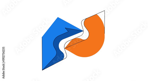 Abstract Dynamic Logo Concept. Flowing Blue Arrow Crossing Boundary into Vibrant Orange Shape. Modern Minimalist Vector Icon for Connection and Progress.
