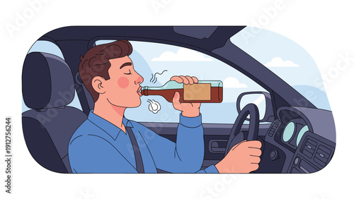 Irresponsible man drinking from a beer bottle while driving a car on a road, demonstrating the dangers of drunk driving and road safety.