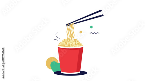 Steaming hot instant noodles being lifted with black chopsticks from a red disposable cup against a minimalist background with shapes.