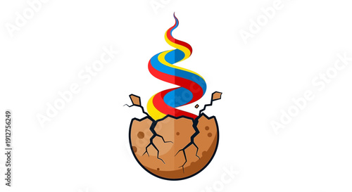 Colorful Energy Spiral Bursting from Cracked Egg Icon. Concept of Birth, Potential, Growth, and Creative Emergence in Flat Design Vector.