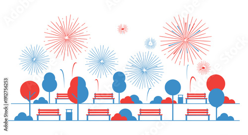 Vector illustration of a cityscape with red and blue fireworks exploding above buildings and trees isolated on transparent background