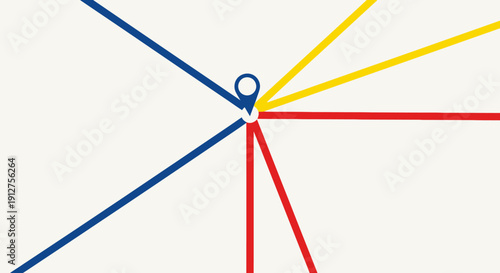 Location Hub and Network Connectivity Map Pin with Diverging Multicolored Lines. Minimalist Routing and Distribution Concept.