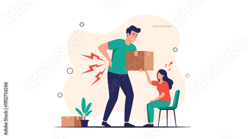 Man suffering from acute back pain while attempting to lift a heavy cardboard box with a woman watching in concern during a move.