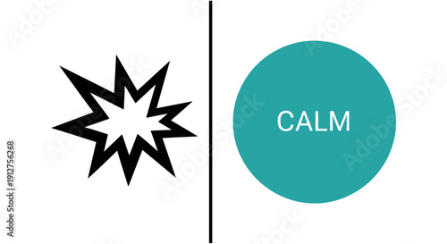 Conceptual Duality: Explosion Symbol (Stress/Chaos) contrasted with Calm Teal Circle (Peace/Tranquility) separated by a line