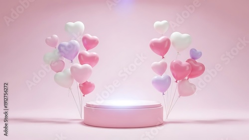 A pink podium with heart-shaped balloons floating above it in a soft pink background.