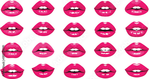 Seamless Vector Pattern of Glossy Pink and Magenta Woman's Lips with Various Expressions, Ideal for Fashion, Beauty, Cosmetics Packaging, Pop Art Backgrounds, and Glamour Designs.
