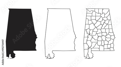 Alabama Map Vector – Black, Outline, and County Line Versions of U.S. State Silhouette for Geography, Education, and Regional Design Projects