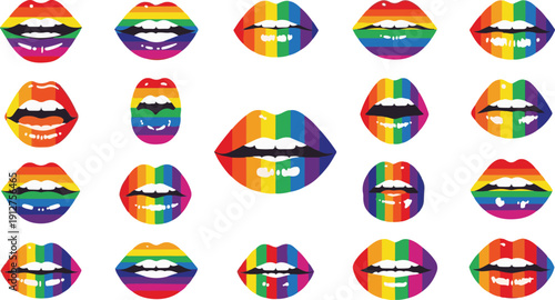 Vibrant Rainbow Lips Vector Collection: Diverse Set of Mouths Painted with Pride Flag Colors, Symbolizing LGBTQ+ Community, Acceptance, Love, and Expression of Identity on a White Background.