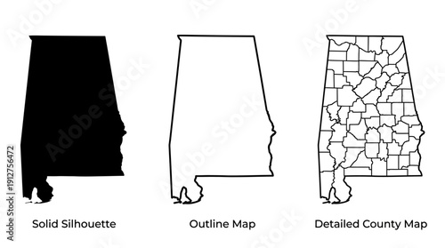 Alabama Map Vector – Black, Outline, and County Line Versions of U.S. State Silhouette for Geography, Education, and Regional Design Projects