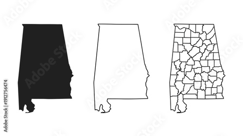 Alabama Map Vector – Black, Outline, and County Line Versions of U.S. State Silhouette for Geography, Education, and Regional Design Projects