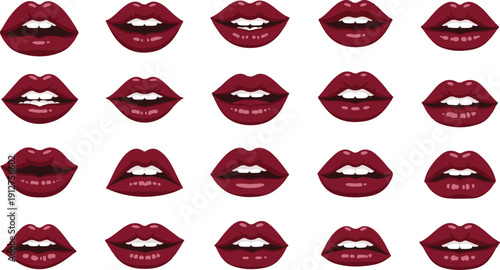 Seamless Vector Pattern of Dark Red Glossy Female Lips Showing Various Expressions | Burgundy Lipstick Glamour Background for Beauty, Cosmetics, and Fashion Design