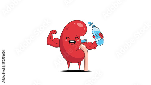 Cartoon illustration of a strong muscular kidney character with a smiling face holding a water bottle representing kidney health.