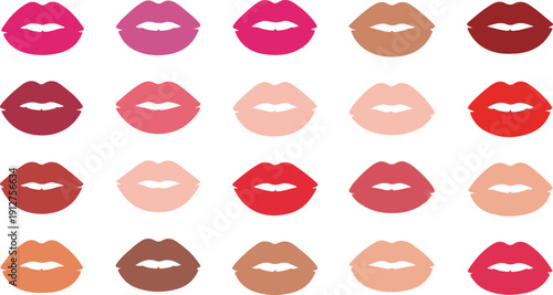 Seamless Vector Pattern of Diverse Lips and Lipstick Shades: Modern Flat Design Background Featuring Various Colors (Pinks, Reds, Nudes, Browns) for Cosmetics, Beauty, and Fashion Packaging.