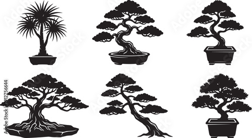 Bonsai tree silhouette collection featuring potted miniature trees isolated black vector illustration set for design