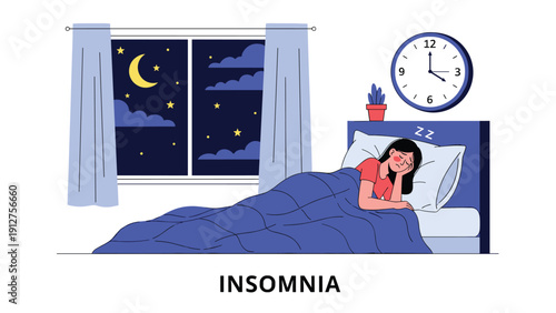 Tired woman lying in bed and looking at the clock showing 4 am while suffering from insomnia and sleep deprivation in a dark room.