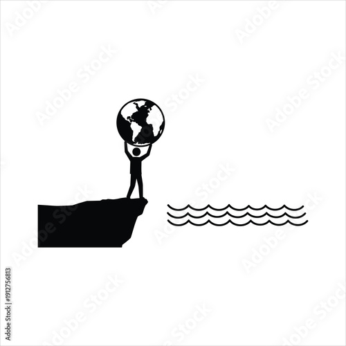 A stick figure stands on a cliff, holding the earth above its head, with waves in the background