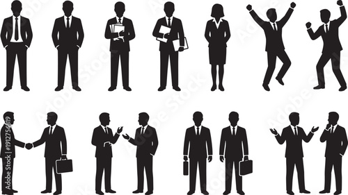Business people silhouette collection with handshake meeting presentation poses isolated black vector illustration set