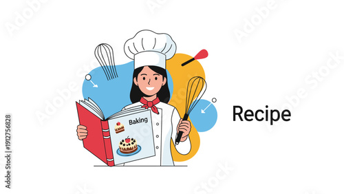 Happy female chef in a white uniform and hat holding a baking recipe book and a whisk while preparing to cook a delicious cake.