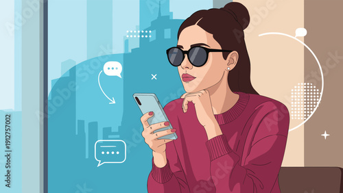Stylish young woman wearing sunglasses and a maroon sweater while browsing on her smartphone in a modern city office background.