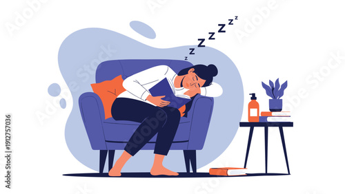 Tired woman sleeping soundly on a purple sofa with an open book on her chest after a long day of reading or studying at home.