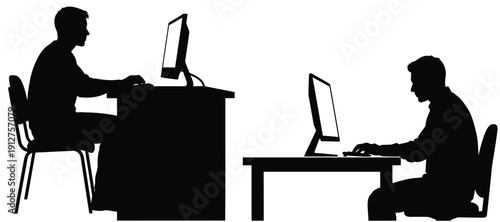 Vector silhouette of two people working on computers