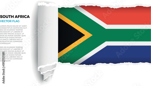 Flag of South Africa. Flag revealed through torn paper rolled up on a transparent background