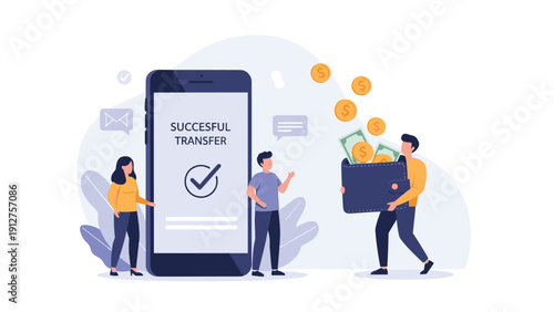 Group of small people standing around a large smartphone showing a successful money transfer with coins falling into a wallet.