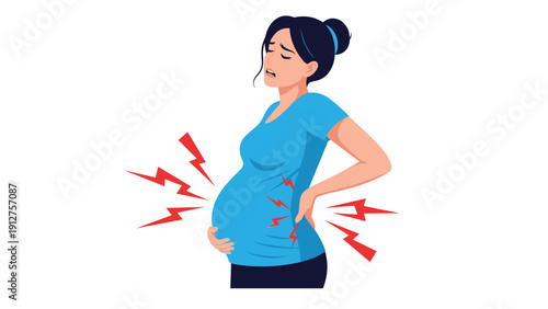 Pregnant woman in a blue shirt suffering from severe back and abdominal pain indicated by red lightning bolt symbols during pregnancy.