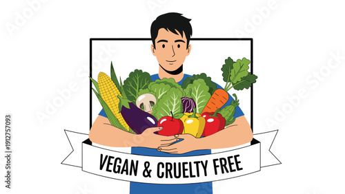 Happy man holding a large variety of fresh vegetables like corn, eggplant, peppers, and carrots with a vegan and cruelty free label.