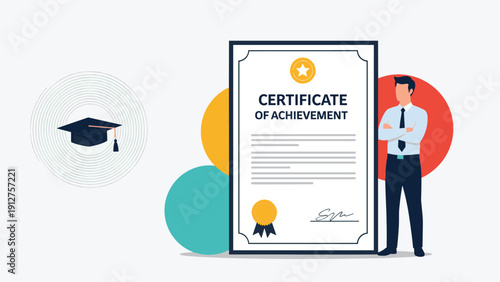 Successful businessman in formal attire standing proudly next to a large certificate of achievement and graduation cap icons.