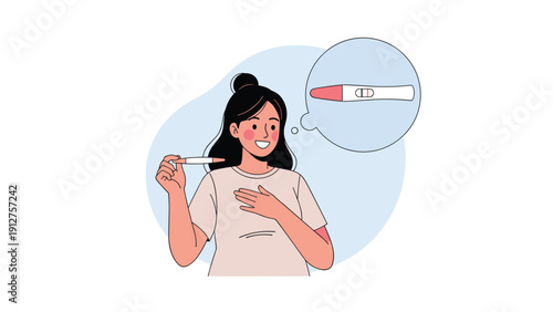Happy young woman smiling and holding a positive pregnancy test while imagining a future baby in a thought bubble illustration.