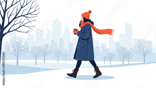 Fashionable woman wearing a warm coat and orange scarf walking through a snowy city park with a hot cup of coffee in hand.