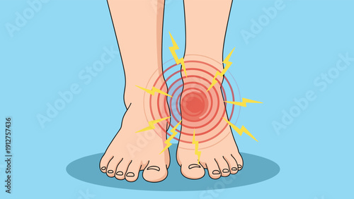 Human feet showing severe ankle pain and joint injury indicated by red concentric circles and yellow lightning bolt symbols.