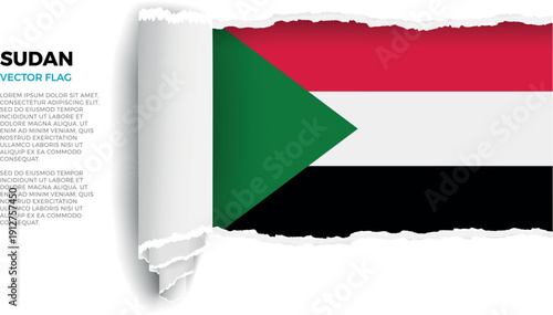 Flag of Sudan. Flag revealed through torn paper rolled up on a transparent background