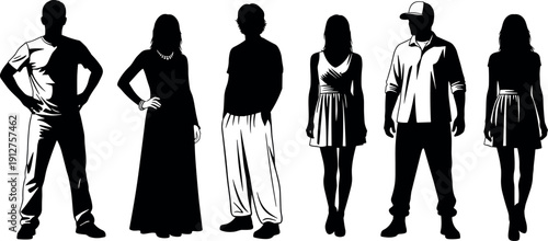 Set of diverse people silhouettes in high contrast black and white vector style wearing casual and formal fashion clothing outfits
