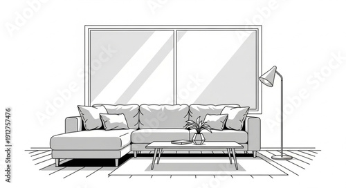 Modern Living Room Sketch with Sectional Sofa and Coffee Table.