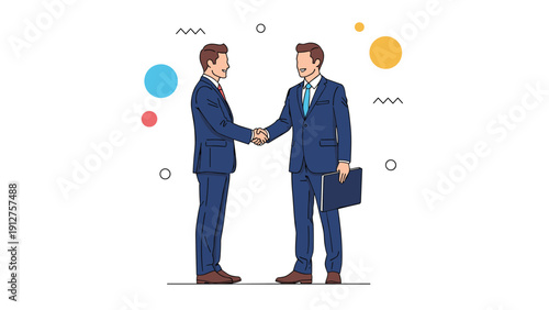 Two professional businessmen in blue suits shaking hands to confirm a successful deal or partnership agreement in the office.