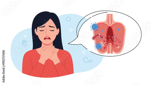 Sad young woman touching her throat with a medical illustration of infected lungs showing bacteria and virus cells in a bubble.
