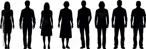 Set of eight diverse people silhouettes standing in a row including men and women in casual and professional business clothing