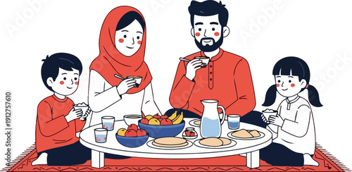 Family gathering around the table for a meal together in a cozy atmosphere viewed from the side