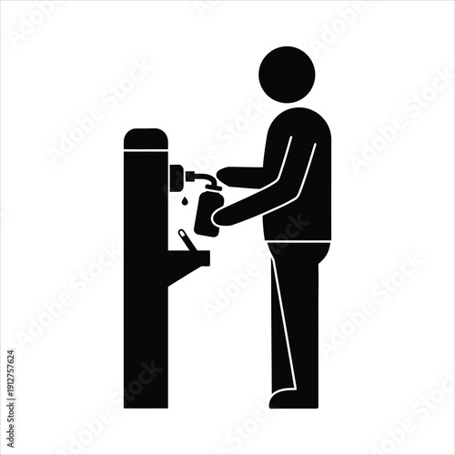 A simple black and white illustration of a person filling a bottle at a water dispenser.
