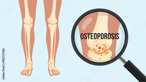 Close up of human knee bones under a magnifying glass showing osteoporosis disease with porous bone structure and symptoms.